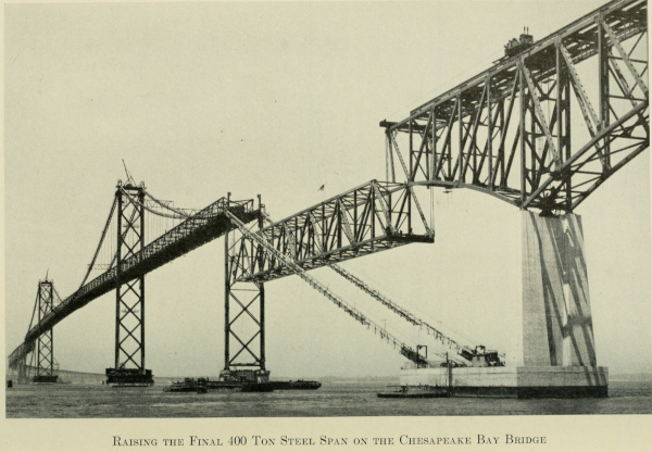 Image of raising the final 400 ton steel span on the Chesapeake Bay Bridge in 1951 or 1952