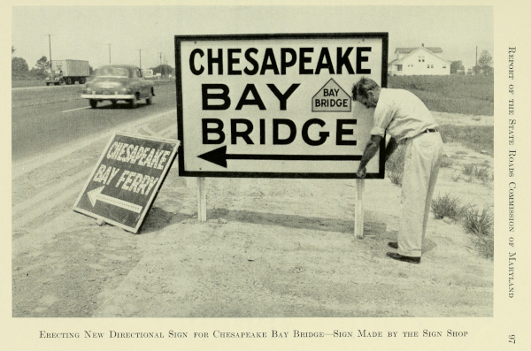 Image of sign installation for the Chesapeake Bay Bridge in 1952