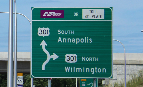Image of sign for US-301 freeway in Delaware with Wilmington and Annapolis as destinations