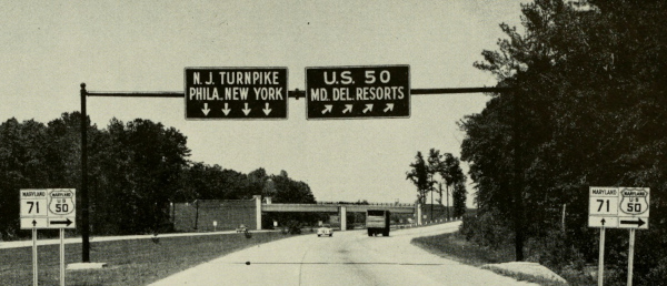 Image of signage at the US-50/301 split in Queenstown in 1958