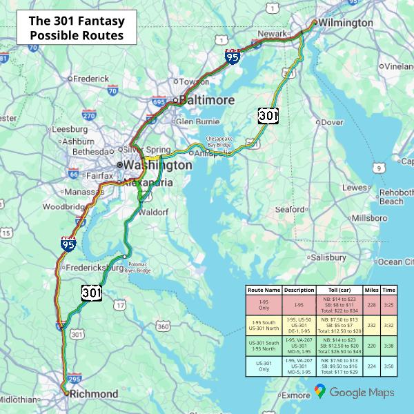 Image of map showing I-95 and US-301 corridors between Richmond and Wilmington