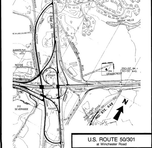 1986 drawing of MDOT
              plans to "correct" the US-50/301 interchange
              with MD-2/450