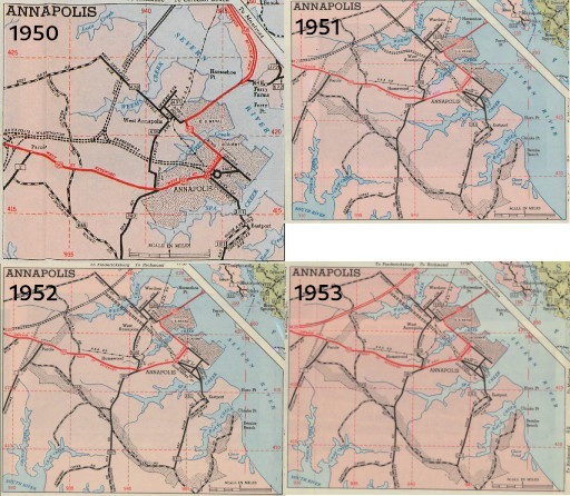 1950, 1951, 1952, and 1953 maps from MDOT showing
            evolution of plans for the Annapolis Bypass