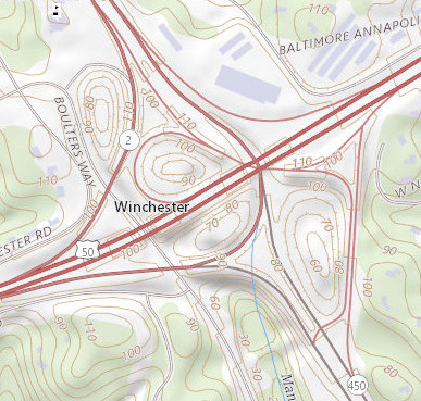 Map of interchange between US-50/301 and MD-2/450