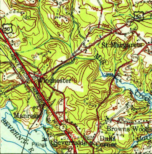 1955 map of area where interchange between US-50/301
            and MD-2/450 sits