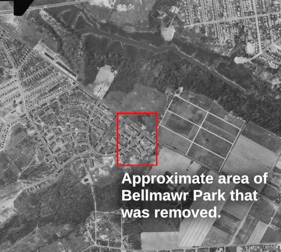 Annotated 1951 aerial image showing the approximate section of the Bellmawr Park neighborhood that was demolished during construction