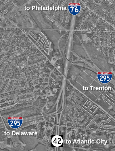Annotated 1967 aerial image of the I-295/I-76/NJ-42 interchange