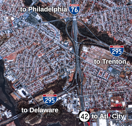 Annotated 2002 aerial image of the I-295/I-76/NJ-42 interchange