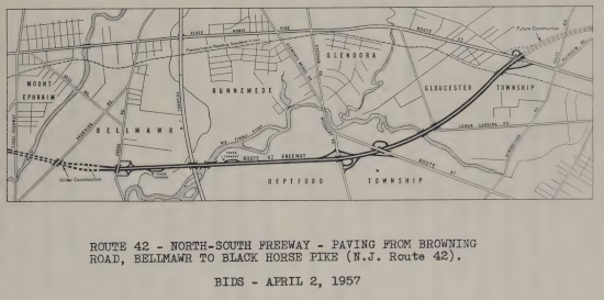 April 1957 map showing section of NJ-42 in the area of the I-295 interchange, without any mention of a future highway along the path of I-295