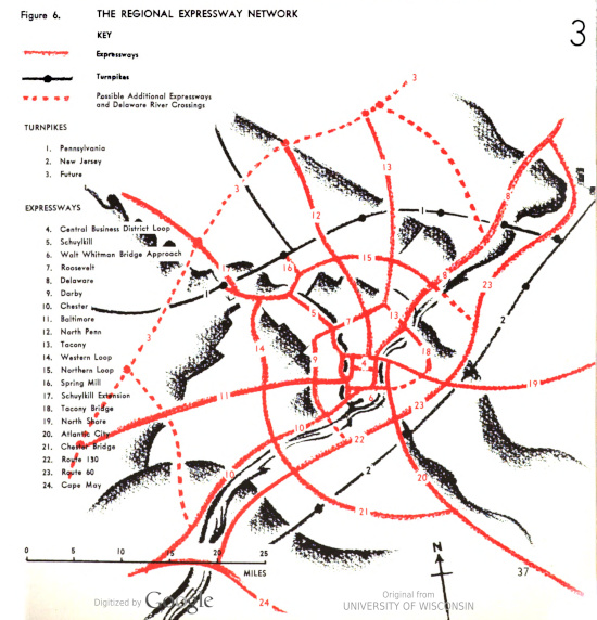 Map for a regional expressway network in a 1955 Philadelphia City Plan