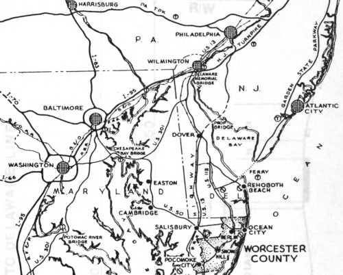 Late 1960s/early 1970s map of Worcester County, Maryland showing 'proposed bridge' over the Delaware Bay