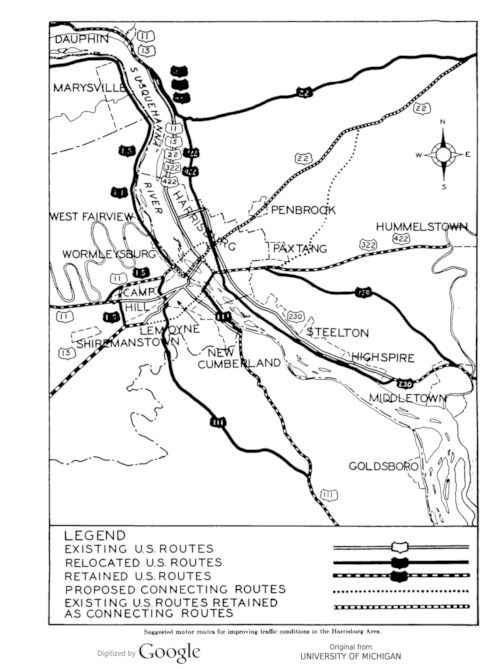 1940 planning map for US highways through Harrisburg.