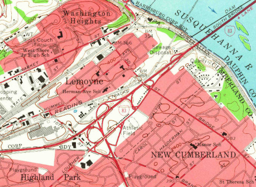 1963 map of the I-83/PA-581 interchange.