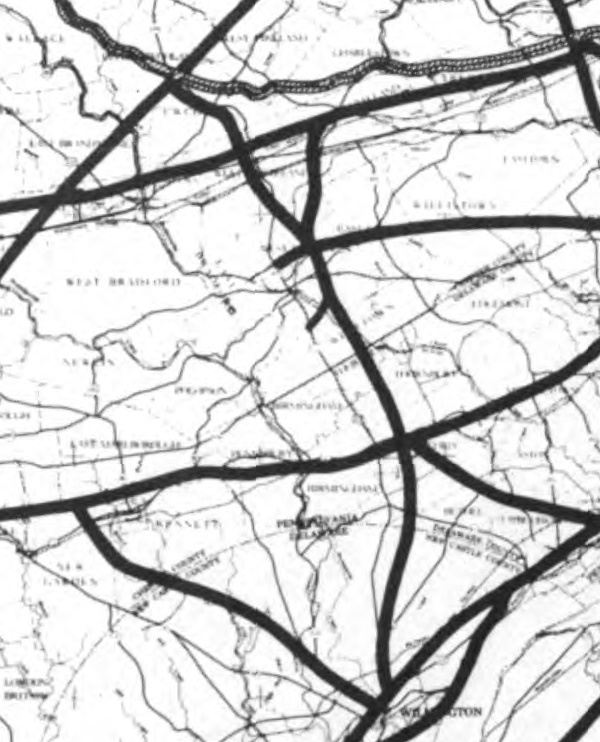 1962 map of the planned freeway along the US-202/PA-100 corridor to the Pennsylvania Turnpike.