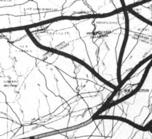 1962 map of the planned freeway along the PA/DE-41 corridor.