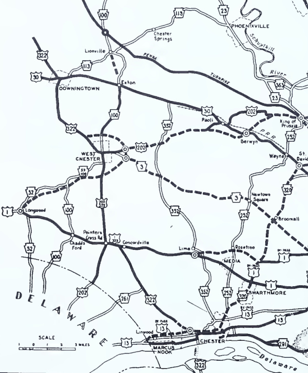 1950 map of planned highways in the Philadelphia region.