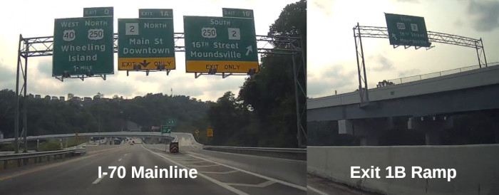 signs showing approach to US-250 from I-70