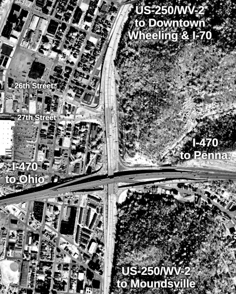 Aerial
          image of I-470/US-250/WV-2 interchange